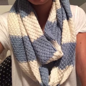 Blue and white knitted infinity scarf