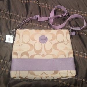 COACH khaki/lavender signature stripe cross body