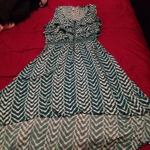 Chevron, zippered high-low dress.