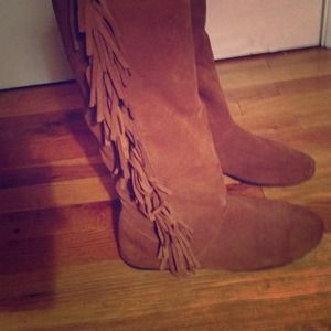 Brown suede knee high fringe boots