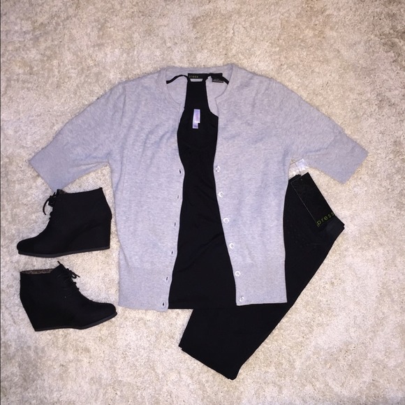 Press Grey V-Neck Cardigan w/Elbow Length Sleeves