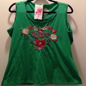 Johnny Was Kelly Green "Amore" Embroidered Tshirt.