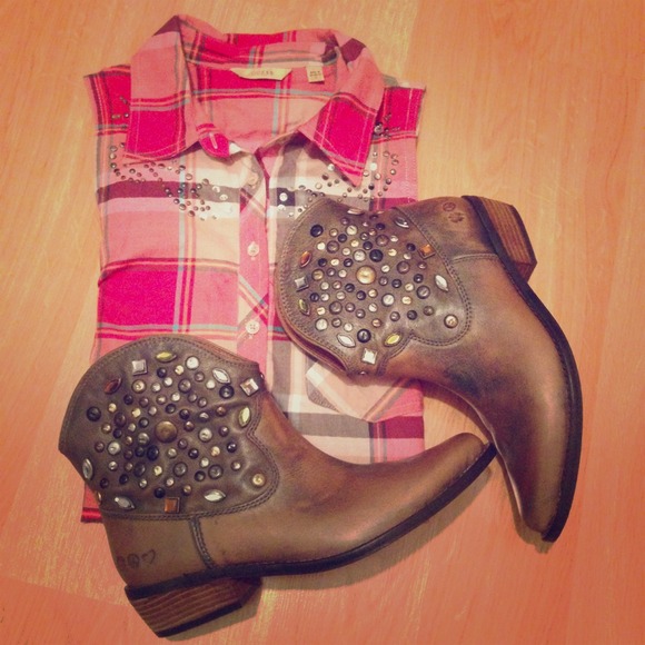 Lucky Brand Boots - Lucky Brand Brown Studded Western Booties