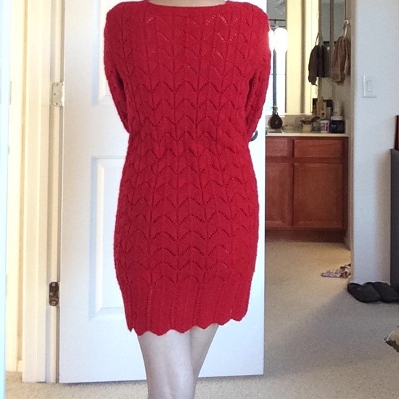 Red handmade knit sweater tunic & dress - Picture 2 of 3