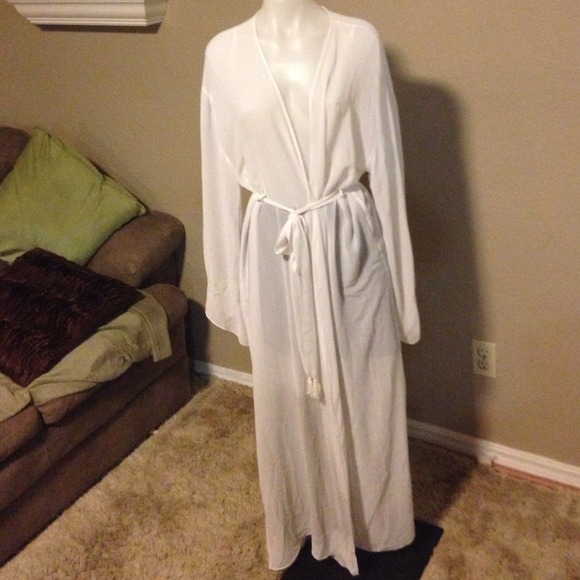 white, sheer, floor length robe