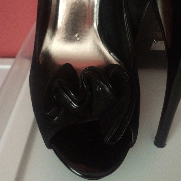 Black Suede Bakers Peek Toe Pumps - Picture 3 of 4