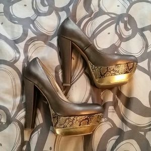 Bronze Snakeskin and Gold Platform Pump