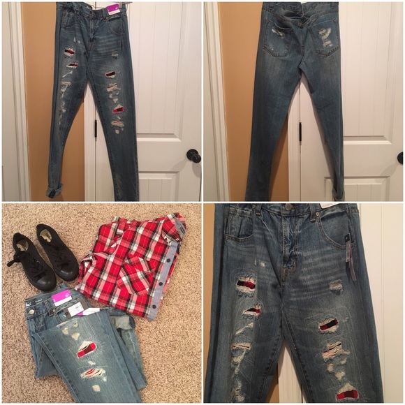 Distressed boyfriend jeans w/plaid flannel patches - Picture 3 of 4