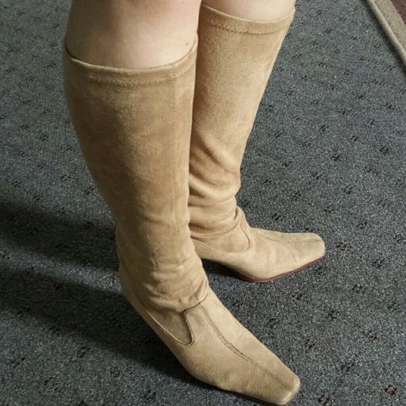 Beige mid high faux suede boots