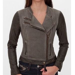 Washed canvas and faux leather moto jacket