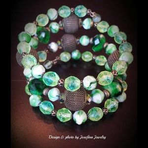 Green Glass Beaded wrap bracelet Handmade Jewelry