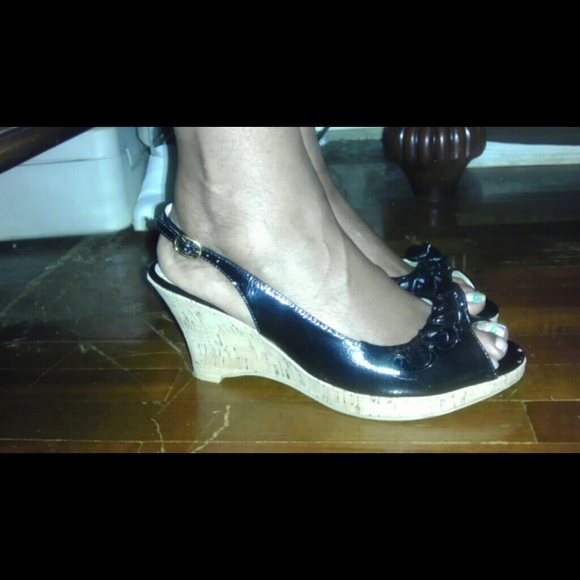 Black patent sling back peeptoe wedge