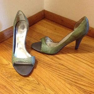 Green snake skin and grey shoe