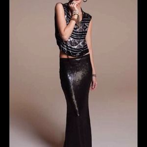 CHAN LUU Black Sequined Long Maxi Skirt NEW