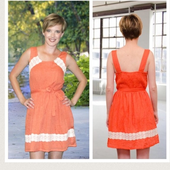 Coral chambray dress with lace trim