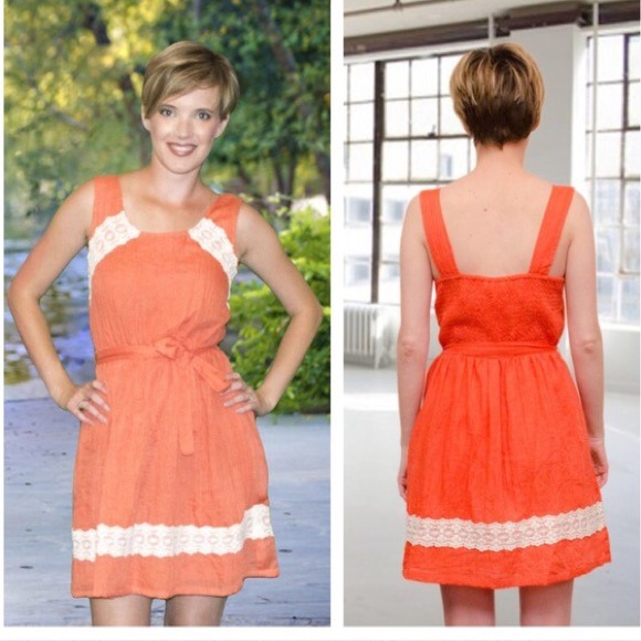 Coral chambray dress with lace trim