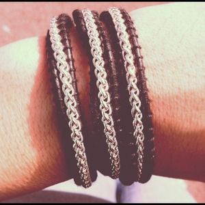 Sterling Silver Chain Black Leather Bracelet Wrap