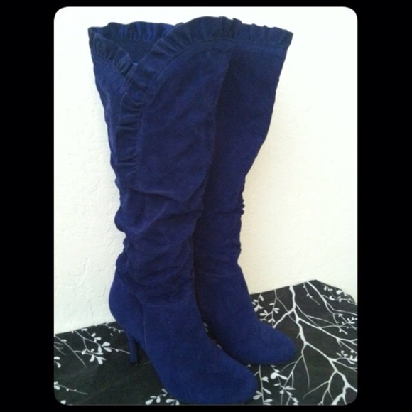 Knee High Blue Ruffled Heeled Boots