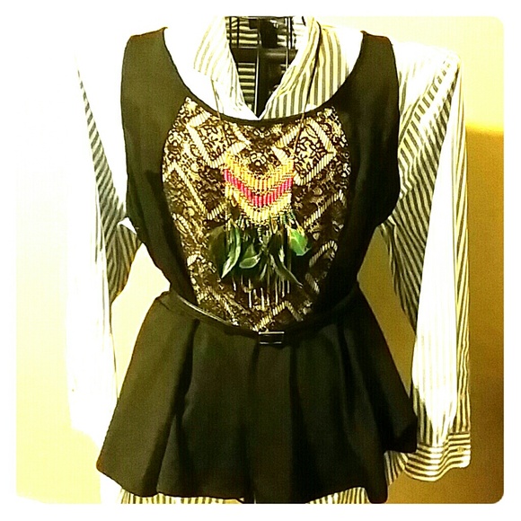 Black lace peplum and blue/white stripe shirt