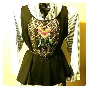 Black lace peplum and blue/white stripe shirt