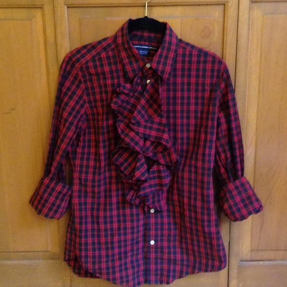 Ralph Lauren Sport Plaid Ruffle Front Blouse