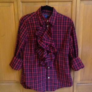 Ralph Lauren Sport Plaid Ruffle Front Blouse