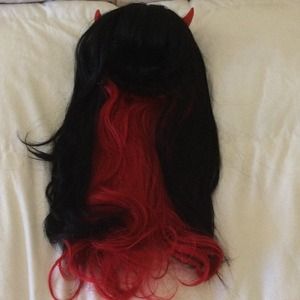 Black and red haired wig with devil horns