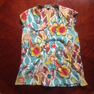 Anthro flutter cap slv bold print cotton blouse.