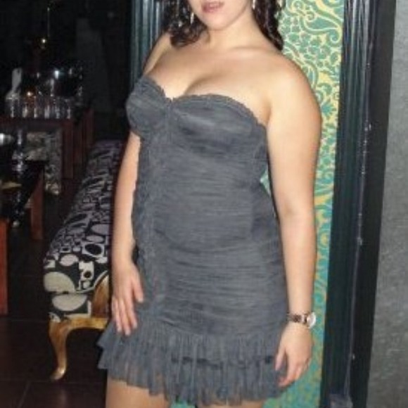 Gray scrunched ruffle and lace halter dress
