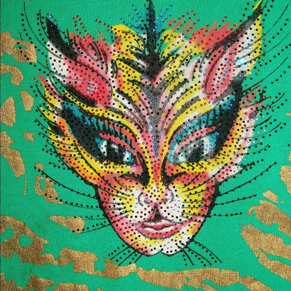 Authentic Ed Hardy Green & Gold Feline Knit Top - Picture 2 of 4