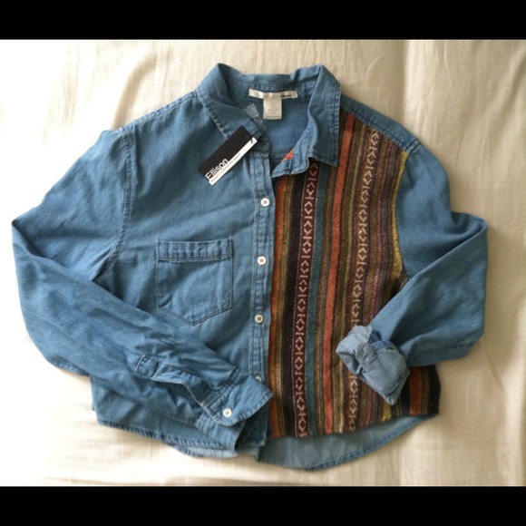 Denim and Geometric Print Button-up