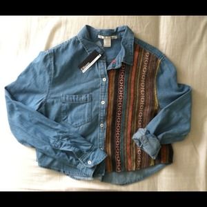 Denim and Geometric Print Button-up