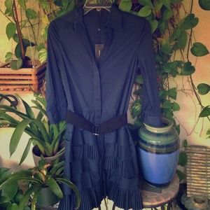 BCBG navy belted shirt dress with pleated ruffles