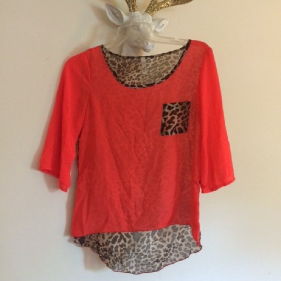 Coral and leopard sheer top.