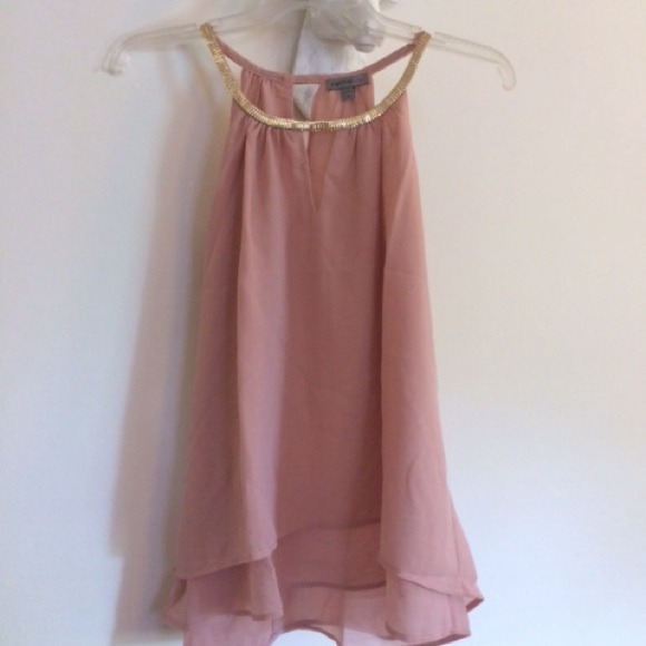 Blush top with shiny gold blingy neckline.