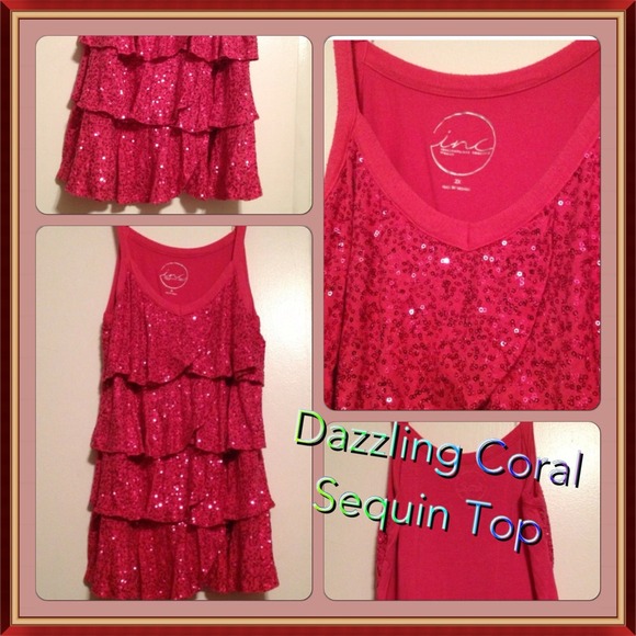 INC International Concepts Tops - Dazzling Coral Sequin Ruffle TOP