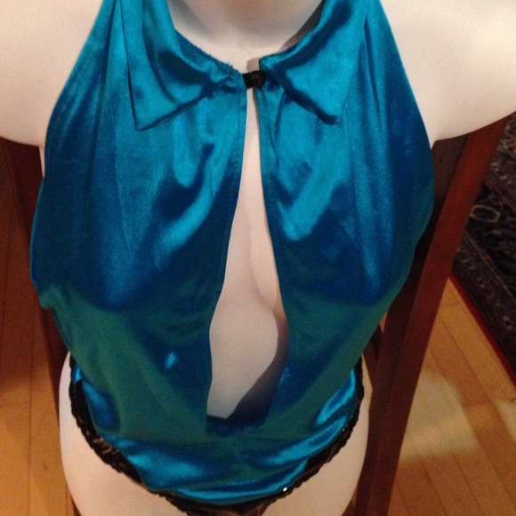 FREDERICKS AQUA SATIN WITH PLETHER BODY SUIT SZ M - Picture 2 of 3