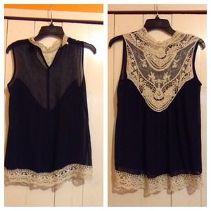 Navy blue, chiffon-type tank top with lace back