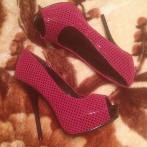 Fuchsia & Black Open Toe Pumps..