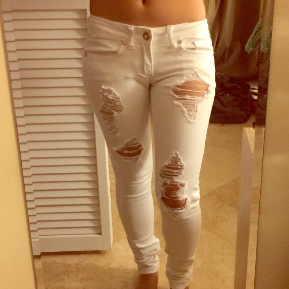 C est toi Women low rise size 0 White distressed skinny jeans destroyed stretch - Picture 8 of 8
