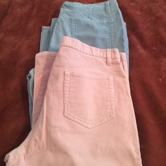 blue and pink corduroy flared jeans