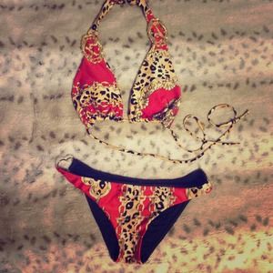 B. Swim Bikini Leopard Red Chains Reversible