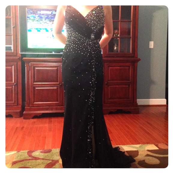black prom dress with gold accents