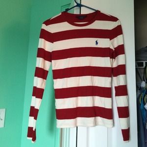 red and white striped long sleeve polo