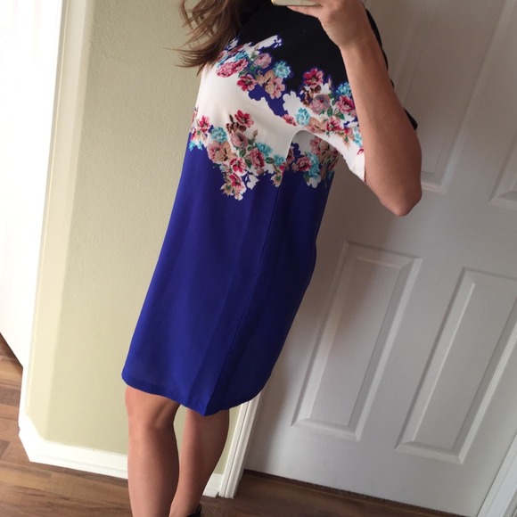 SOLD Color Block Black Blue Floral Dress - Picture 2 of 4