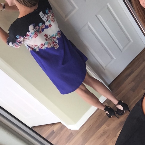 SOLD Color Block Black Blue Floral Dress - Picture 3 of 4