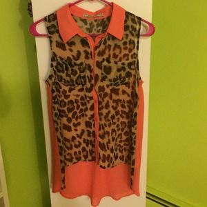 Coral and cheetah print blouse