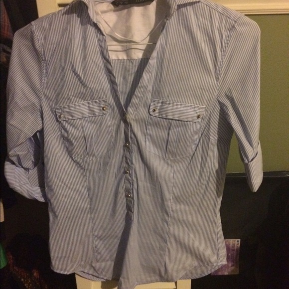 Blue striped half button up w studded buttons - Picture 1 of 2