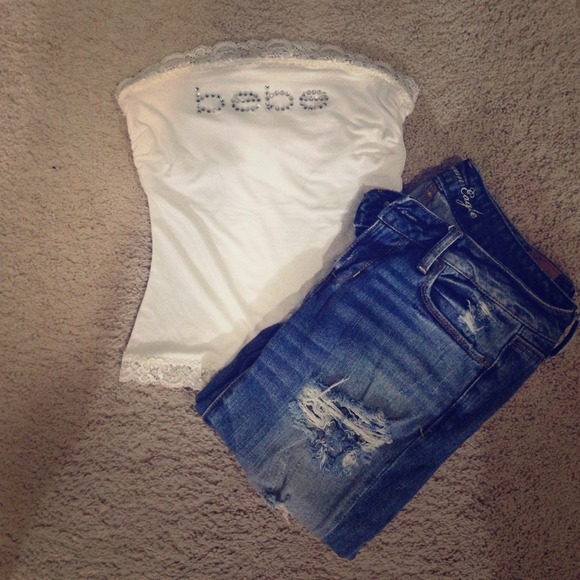 bebe Tops - Bebe Rhinestone white tube top with built in bra M