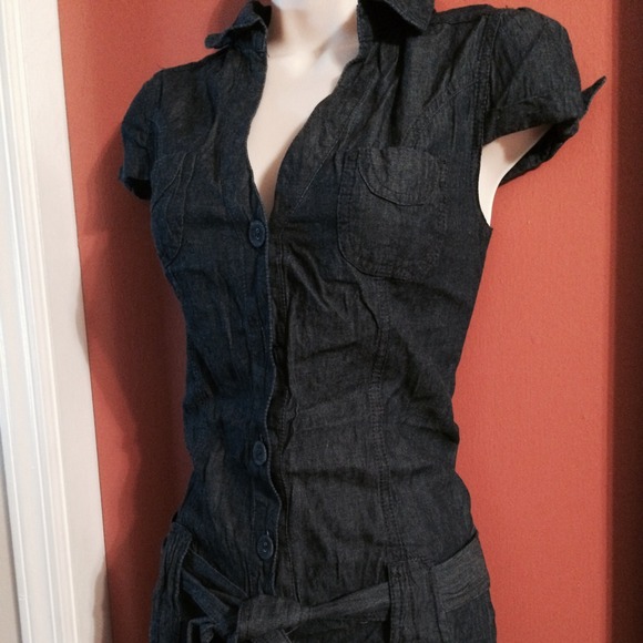 Denim romper shorts button down with tie waist